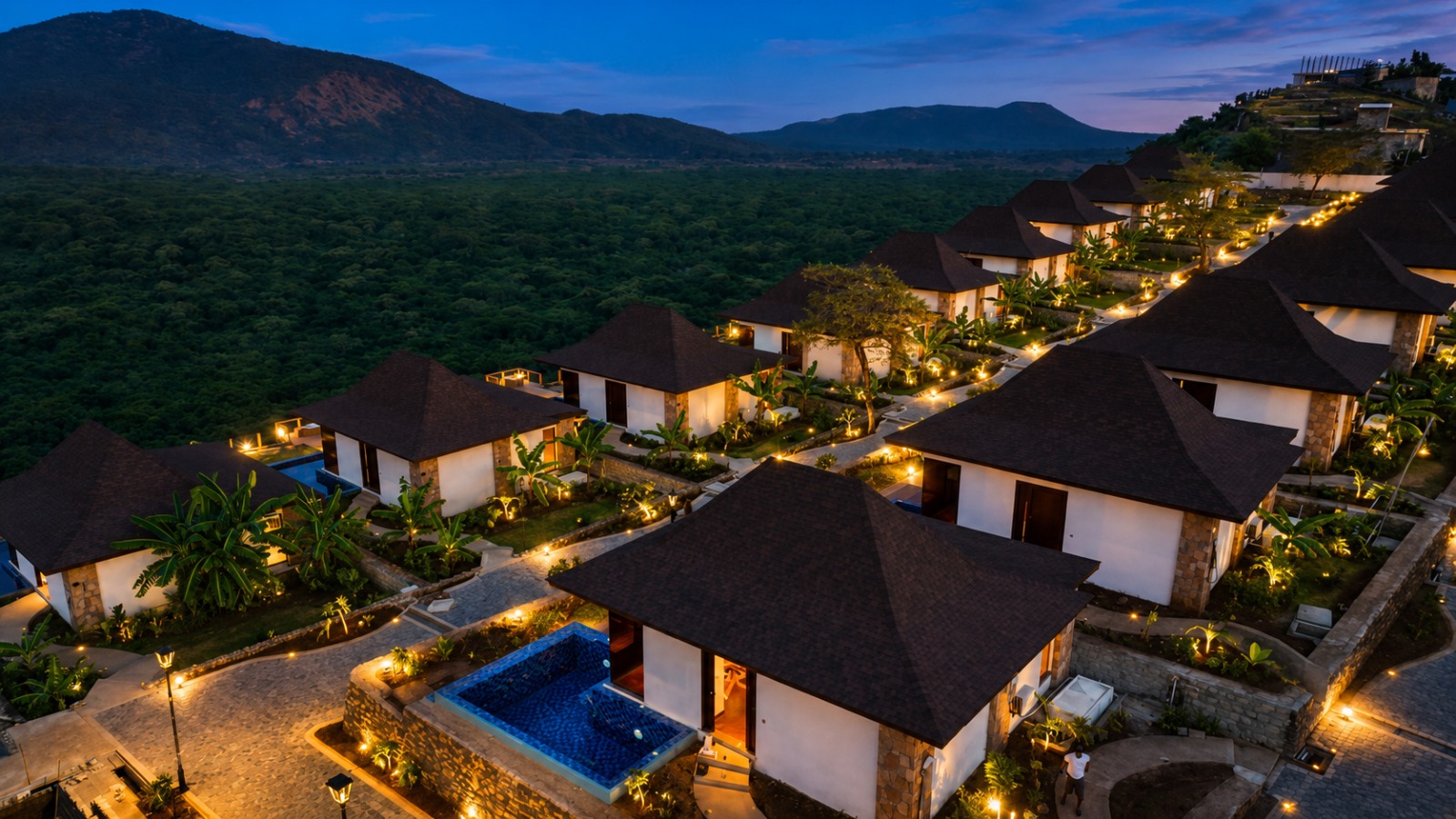 Kuriftu Resort & Spa Arba Minch villas lit at dusk